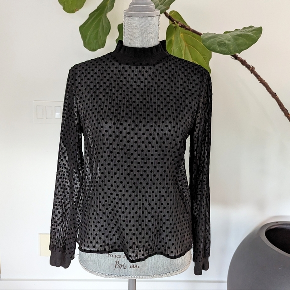 Zara Sheer Polka Dot Crinkle Mock Neck Blouse - Picture 2 of 6